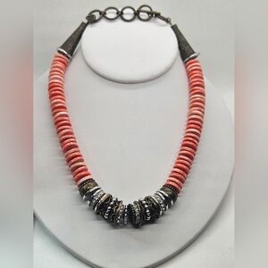 Vintage Anne Klein Coral Disc Bead Necklace Extender Silver Brass Retro Signed